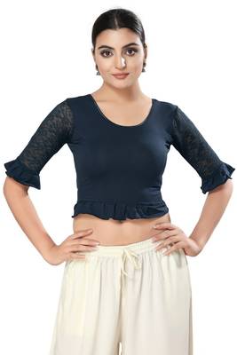 Malshi Cotton lycra Round Neck Elbow Sleeves Non - Padded Saree Blouse (NAVY-BLUE) 1