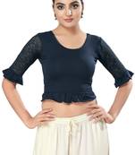 Malshi Cotton lycra Round Neck Elbow Sleeves Non - Padded Saree Blouse (NAVY-BLUE)