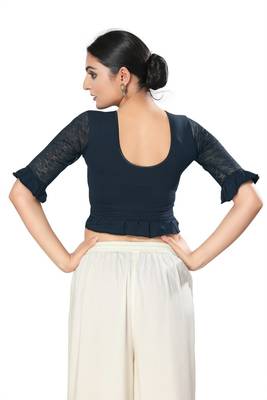 Malshi Cotton lycra Round Neck Elbow Sleeves Non - Padded Saree Blouse (NAVY-BLUE) 2