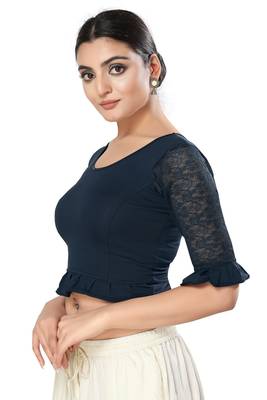 Malshi Cotton lycra Round Neck Elbow Sleeves Non - Padded Saree Blouse (NAVY-BLUE) 3