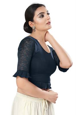 Malshi Cotton lycra Round Neck Elbow Sleeves Non - Padded Saree Blouse (NAVY-BLUE) 4