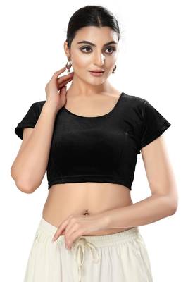 Malshi Velvet Round Neck Short sleeves Non - Padded Saree Blouse (BLACK) 1