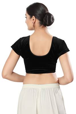 Malshi Velvet Round Neck Short sleeves Non - Padded Saree Blouse (BLACK) 2