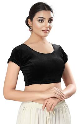 Malshi Velvet Round Neck Short sleeves Non - Padded Saree Blouse (BLACK) 3