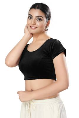 Malshi Velvet Round Neck Short sleeves Non - Padded Saree Blouse (BLACK) 4