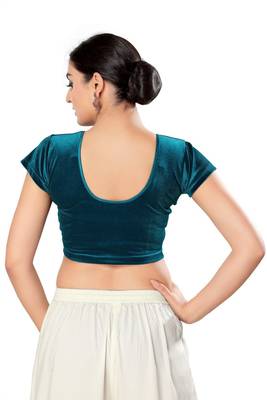 Malshi Velvet Round Neck Short sleeves Non - Padded Saree Blouse (FIROZI) 2