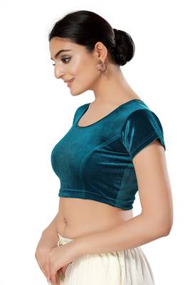 Malshi Velvet Round Neck Short sleeves Non - Padded Saree Blouse (FIROZI) 3