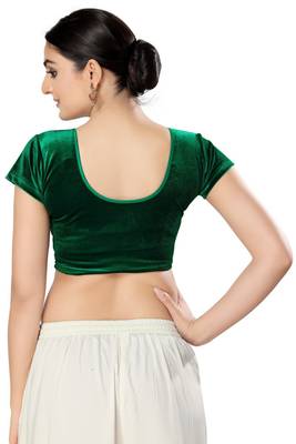 Malshi Velvet Round Neck Short sleeves Non - Padded Saree Blouse (GREEN) 2