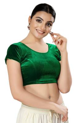 Malshi Velvet Round Neck Short sleeves Non - Padded Saree Blouse (GREEN) 4