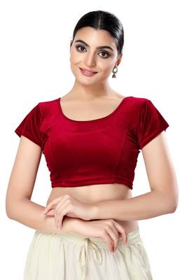 Malshi Velvet Round Neck Short sleeves Non - Padded Saree Blouse (MAROON) 1