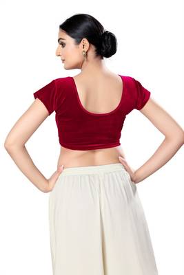 Malshi Velvet Round Neck Short sleeves Non - Padded Saree Blouse (MAROON) 2