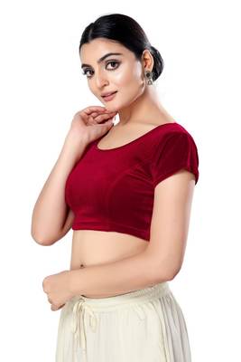 Malshi Velvet Round Neck Short sleeves Non - Padded Saree Blouse (MAROON) 3