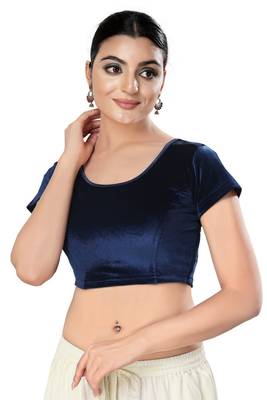 Malshi Velvet Round Neck Short sleeves Non - Padded Saree Blouse (NAVY-BLUE) 1