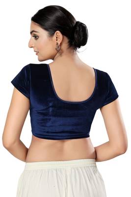 Malshi Velvet Round Neck Short sleeves Non - Padded Saree Blouse (NAVY-BLUE) 2
