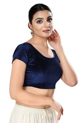 Malshi Velvet Round Neck Short sleeves Non - Padded Saree Blouse (NAVY-BLUE) 3