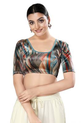 Malshi Velvet Round Neck Elbow Sleeves Non - Padded Saree Blouse (FIROZI) 1