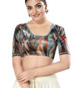 Malshi Velvet Round Neck Elbow Sleeves Non - Padded Saree Blouse (FIROZI)