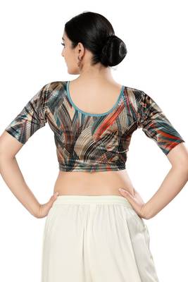 Malshi Velvet Round Neck Elbow Sleeves Non - Padded Saree Blouse (FIROZI) 2