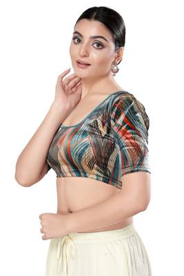 Malshi Velvet Round Neck Elbow Sleeves Non - Padded Saree Blouse (FIROZI) 3