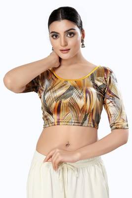 Malshi Velvet Round Neck Elbow Sleeves Non - Padded Saree Blouse (YELLOW) 1