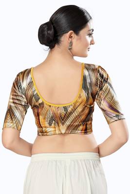 Malshi Velvet Round Neck Elbow Sleeves Non - Padded Saree Blouse (YELLOW) 2