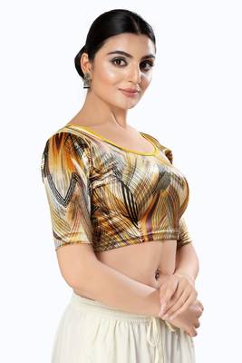 Malshi Velvet Round Neck Elbow Sleeves Non - Padded Saree Blouse (YELLOW) 4