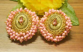 Unique Bunched Pearl Pink Semi Precious Stone Earrings Oversized Studs 1