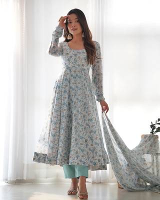 Chiffon Floral Print Fabric, Padded, Side Zipper Attached Fully Flair Anarkali Kurti, Dupatta And Pent 1
