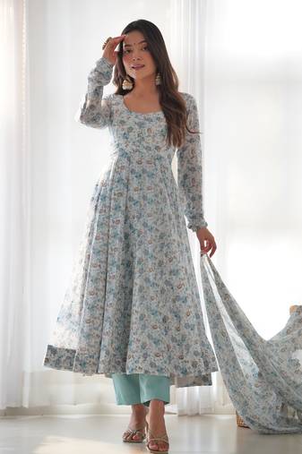 Chiffon Floral Print Fabric, Padded, Side Zipper Attached Fully Flair Anarkali Kurti, Dupatta And Pent