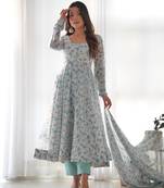 Chiffon Floral Print Fabric, Padded, Side Zipper Attached Fully Flair Anarkali Kurti, Dupatta And Pent