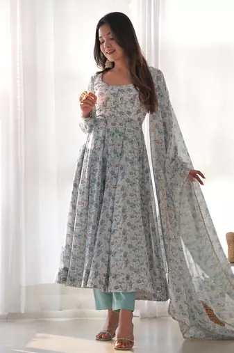 Chiffon Floral Print Fabric, Padded, Side Zipper Attached Fully Flair Anarkali Kurti, Dupatta And Pent