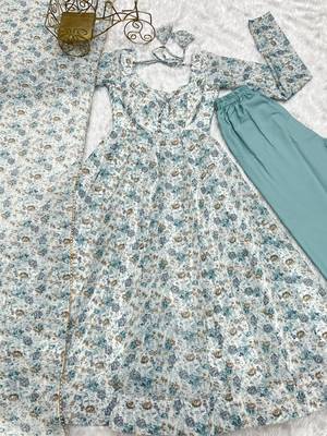 Chiffon Floral Print Fabric, Padded, Side Zipper Attached Fully Flair Anarkali Kurti, Dupatta And Pent 6