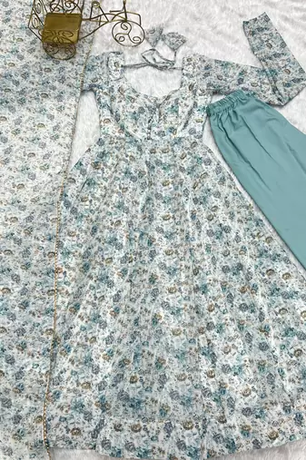 Chiffon Floral Print Fabric, Padded, Side Zipper Attached Fully Flair Anarkali Kurti, Dupatta And Pent