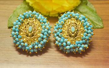 Unique Bunched Pearl Turquoise Semi Precious Stone Earrings Oversized Studs 1
