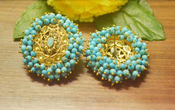 Unique Bunched Pearl Turquoise Semi Precious Stone Earrings Oversized Studs 2