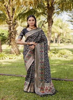 Black Handicraft Bandhani With Zari Weaving Rich Pallu Saree 1