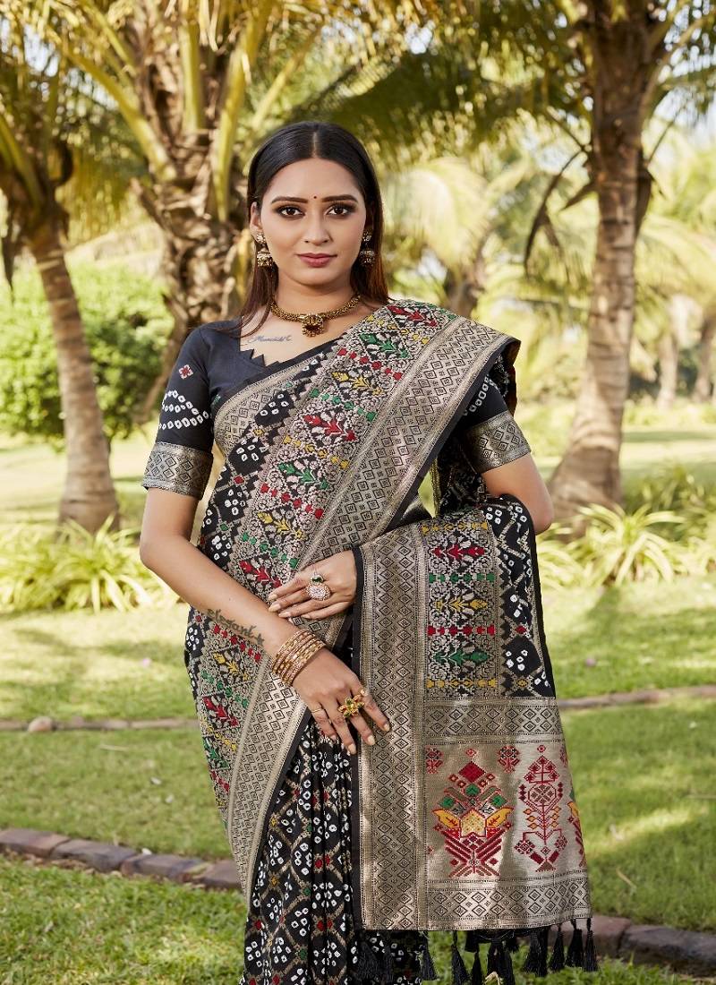 Black Handicraft Bandhani With Zari Weaving Rich Pallu Saree