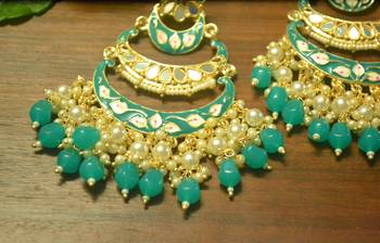 Designer kundan stone bridal dangler pearl stone earrings studs 4