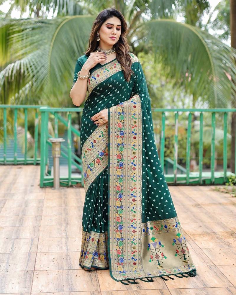 Green Handmade Handicraft Bandhani Bandhej With Zari Weaving In Border With Zari Weaving Rich Pallu Saree