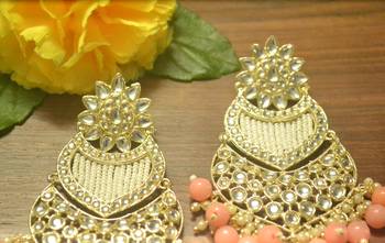 Designer kundan stone bridal dangler pearl stone earrings studs 4