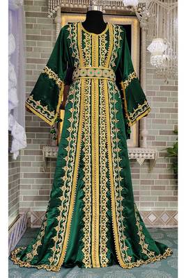Bottle green moroccan embroidery maxi wedding kaftan 1