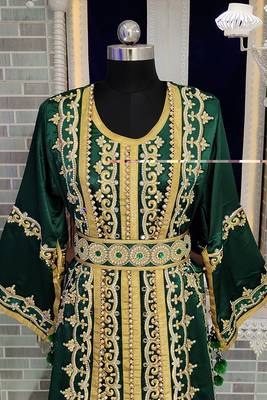 Bottle green moroccan embroidery maxi wedding kaftan 2