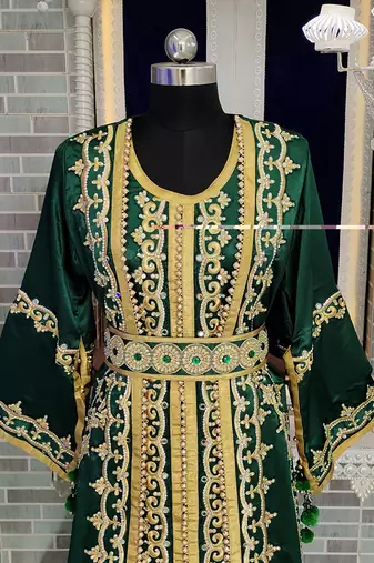 Bottle green moroccan embroidery maxi wedding kaftan