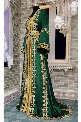 Bottle green moroccan embroidery maxi wedding kaftan 3