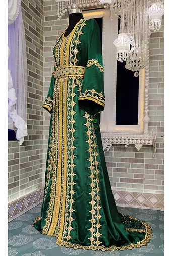 Bottle green moroccan embroidery maxi wedding kaftan