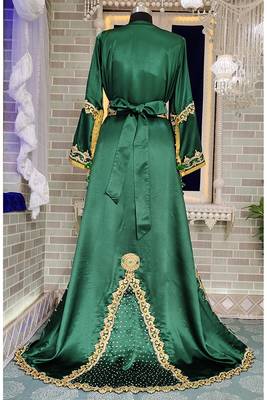 Bottle green moroccan embroidery maxi wedding kaftan 4