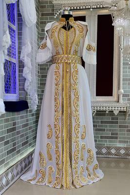 Grand White Moroccan Wedding Kaftan Gown with Heavy Gold Zari Work | Luxury Bridal Dress 1