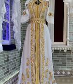 Grand White Moroccan Wedding Kaftan Gown with Heavy Gold Zari Work | Luxury Bridal Dress