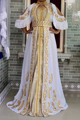 Grand White Moroccan Wedding Kaftan Gown with Heavy Gold Zari Work | Luxury Bridal Dress 2