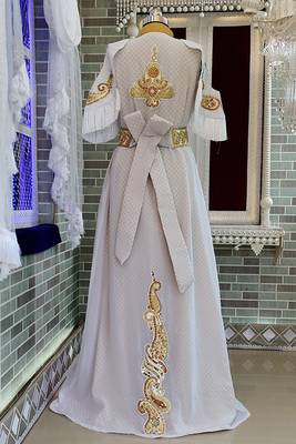 Grand White Moroccan Wedding Kaftan Gown with Heavy Gold Zari Work | Luxury Bridal Dress 4